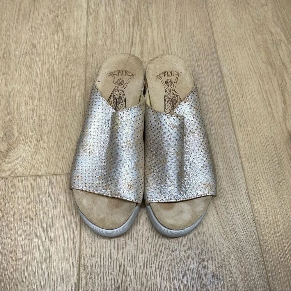 Fly London Whin Metallic Perforated Leather Wedge Sandals